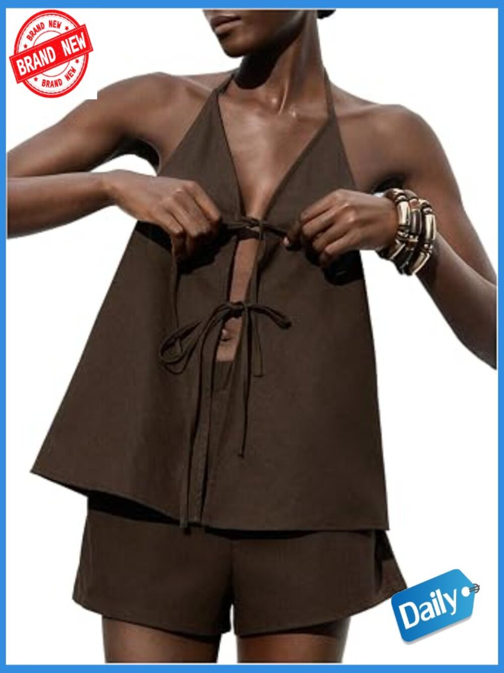 Two Piece Linen Shorts Set Halter Tie Front Summer Vacation Outfit